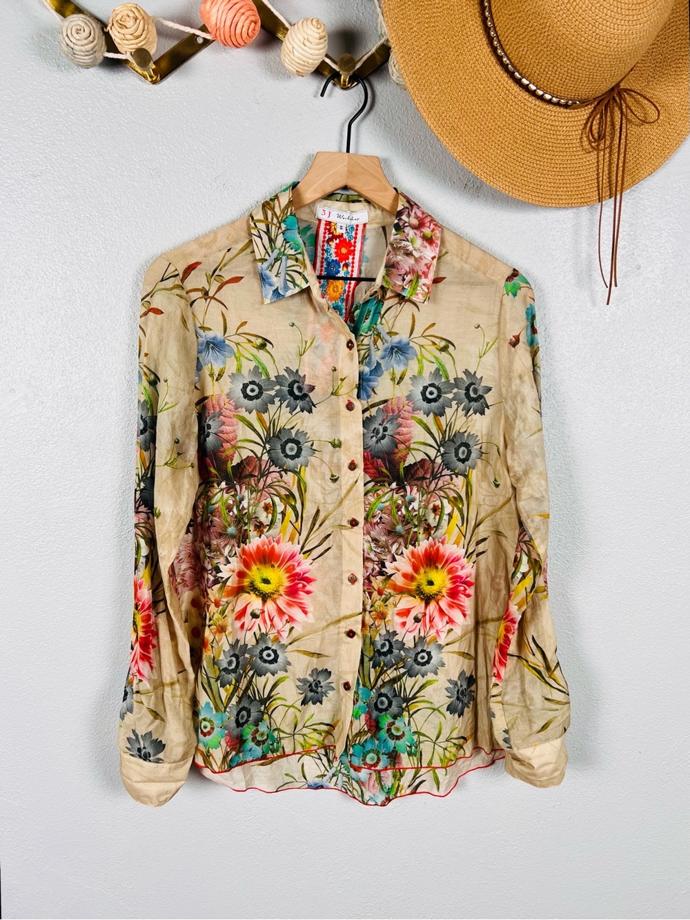 Johnny Was 3J Workshop Floral Button Down Blouse Cotton Silk Size Small